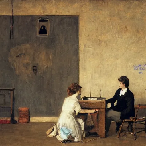 Prompt: a young man and a young woman solving an escape room puzzle, mysterious markings on the wall, by alfred stevens