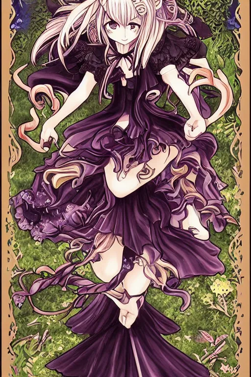 Image similar to marisa kirisame, touhou project, official artwork, intricate, amazing line work, colorful, tarot cards, the devil tarot card