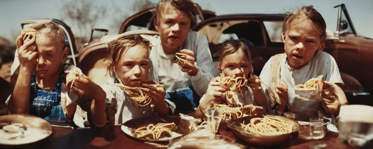 Image similar to dust bowl family eating spaghetti, jalopy, american west, aesthetic!!, small details, facial expression, intricate, canon 5 0 mm, wes anderson film, kodachrome, retro