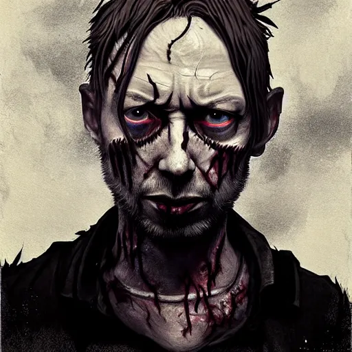 Image similar to thom yorke as a zombie, 7 days to die zombie, fine art, award winning, intricate, elegant, sharp focus, cinematic lighting, digital painting, 8 k concept art, art by z. w. gu, art by brom, art by michael hussar, 8 k