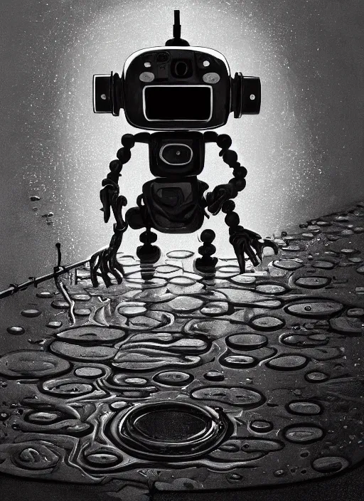 Image similar to a very detailed robot, bent over the reflection in a puddle, black and white, manga, perfectly face, highly detailed, masterpiece, artstation, golden ratio, soft light, perfect intricate highly detailed, detailed, painting by jemes jean, digital lines, 8 k