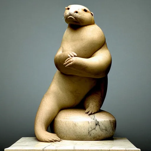 Prompt: a marble renaissance statue of a chubby otter carrying a bag of groceries