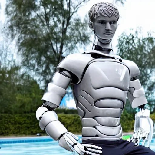 Image similar to a realistic detailed photo of a guy who is an attractive humanoid who is half robot and half humanoid, who is a male android, soccer player martin ødegaard, shiny skin, posing like a statue, blank stare, by the pool, on display, showing off his muscles, humanoid robot, frozen ice statue