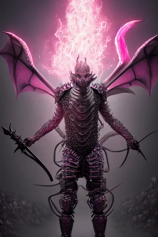 Image similar to hyperrealistic neo - gothic human dragon hybrid, exoskeleton armor, fighting with sword, field of pink flowers, highly detailed digital art masterpiece, vitaly bulgarov dramatic dark teal light, ground angle hd 8 k, sharp focus