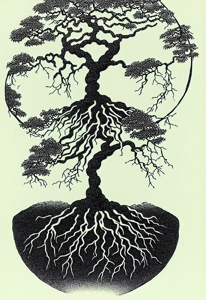 Image similar to prompt: magical white skeleton Bonsai tree roots merging into big moon drawn by Rene Magritte, Japanese woodblock print style, clean ink detailed line drawing, intricate detail, manga 1990