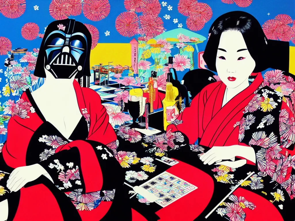 Image similar to hyperrealistic composition of the detailed woman in a japanese kimono sitting at a poker table with detailed darth vader, fireworks, mount fuji on the background, pop - art style, jacky tsai style, andy warhol style, acrylic on canvas