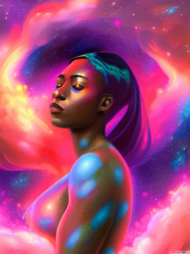 Image similar to digital painting of a black female celestial being experiencing nirvana in space, colorful nebulas in the background, highly detailed, intricate design, 8k, artstation, illustration by Victor Mosquera, Krenz Cushart