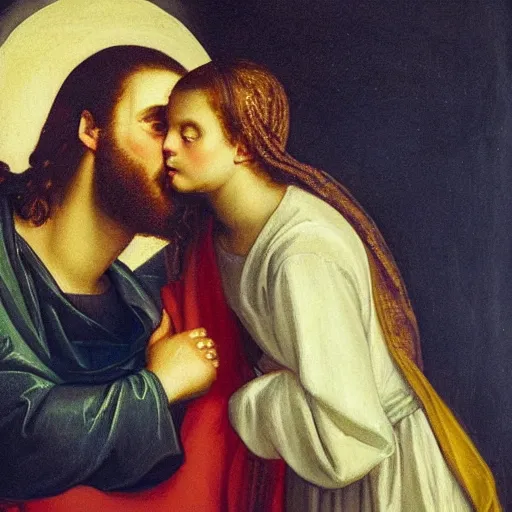 Image similar to an oil panting of a jesus kissing maria maddalena