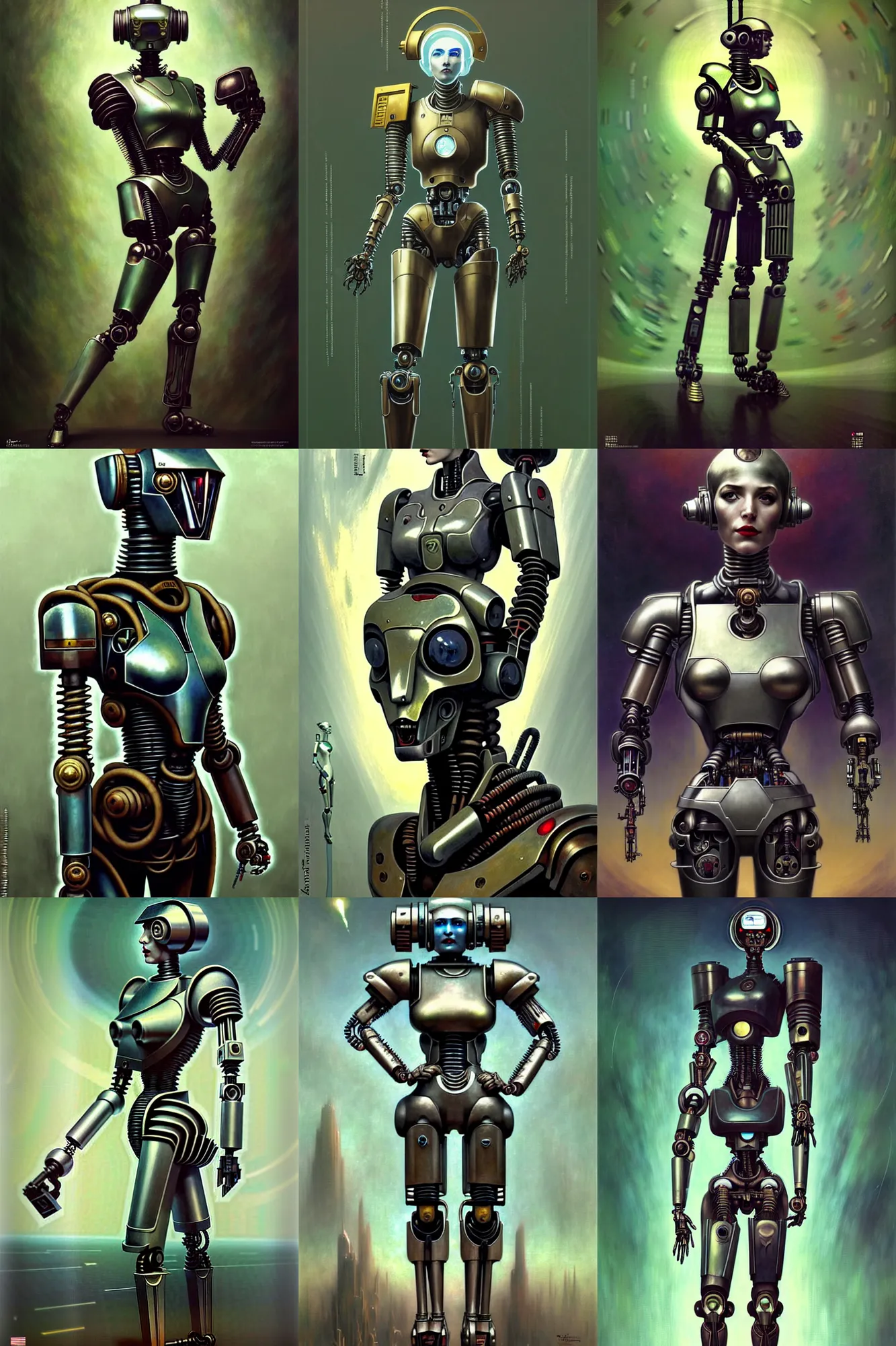 Prompt: fullbody or portrait, simple futurist cyborg empress, warhammer 4 0 k, perfect future, award winning art by santiago caruso, iridescent color palette, contrapposto pose, beautiful face, by wlop and karol bak and bouguereau and viktoria gavrilenko, 1 9 5 0 s retro future robot android. muted colors