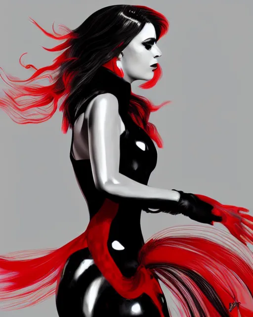 Image similar to Digital painting of a female model posing in a black latex dress, gothic, short red hair, black and red tones, dramatic background, concept art