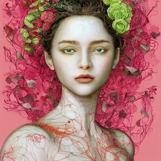 Image similar to the portrait of an absurdly beautiful, graceful, elegant, young woman made of strawberries and green petals, an ultrafine hyperrealistic detailed illustration by kim jung gi, irakli nadar, intricate linework, bright colors, octopath traveler, final fantasy, angular, unreal engine 5 highly rendered, global illumination, radiant light, detailed and intricate environment