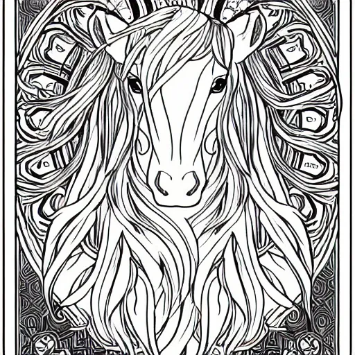 Image similar to clean simple line art of a cute beautiful unicorn. no background. well composed, clean coloring book page. coloring book line art by artgerm and greg rutkowski and alphonse mucha