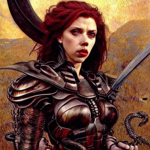 Prompt: head and shoulders portrait of an armored erinyes devil with huge bat wings, portrayed by scarlett johansson, d & d, fantasy, luis royo, magali villeneuve, donato giancola, wlop, krenz cushart, hans zatka, klimt, alphonse mucha