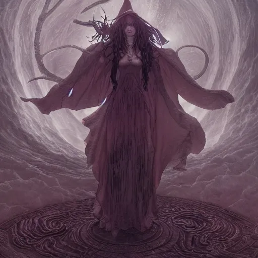 Image similar to eldritch anime witch in the style of michael whelan and gustave dore. hyperdetailed photorealism by greg rutkowski. 1 0 8 megapixels, 3 d finalrender, cinematic lighting, witchcraft summoning circle