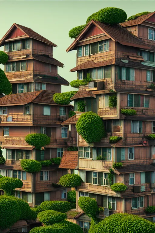 Image similar to stacked houses, solarpunk, francois schuiten, studio ghibli, octane render, 4 k