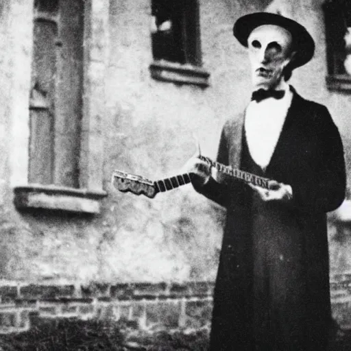 Image similar to vintage photograph of count orlok outside his castle, playing the blues on guitar, castle in the background, 4 k