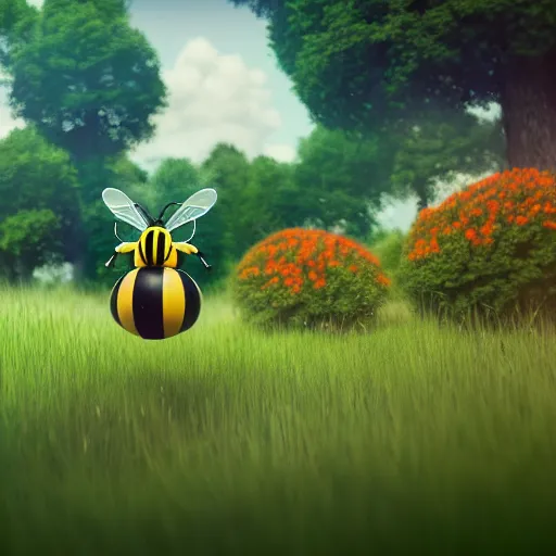 Image similar to large cute bee flying to crimson - black cute bee art school, in a beautiful forest meadow village landscape, flowers, happy trees, photorealistic, octane render, rtx, hdr, unreal engine, digital art widescreen 8 k, studio ghibli, disney, wlop