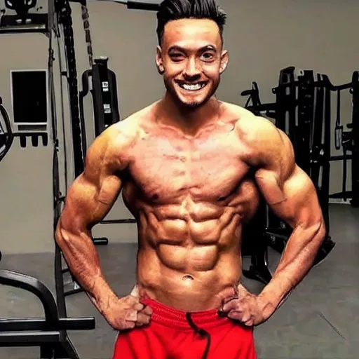Prompt: Fitness youtuber shows off his 30-pack abs