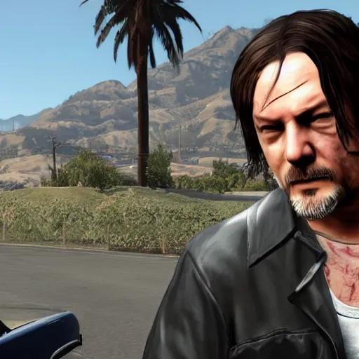 Prompt: Norman Reedus in a GTA V loading screen, screenshot