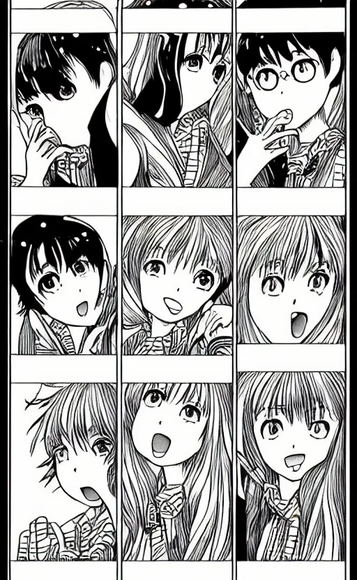 Image similar to multi-panel manga comic by Naoko Takeuchi and Junji ito, four panel black and white 4-koma, School comedy shoujo manga