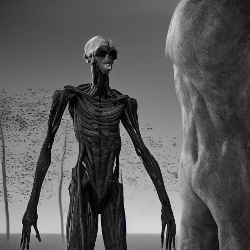 Image similar to standing photorealistic detailed tall skinny humanoid creature, extremly detailed, black and white, 8 k, realistic, sharp focus, cosmic horror creature, cosmic horror