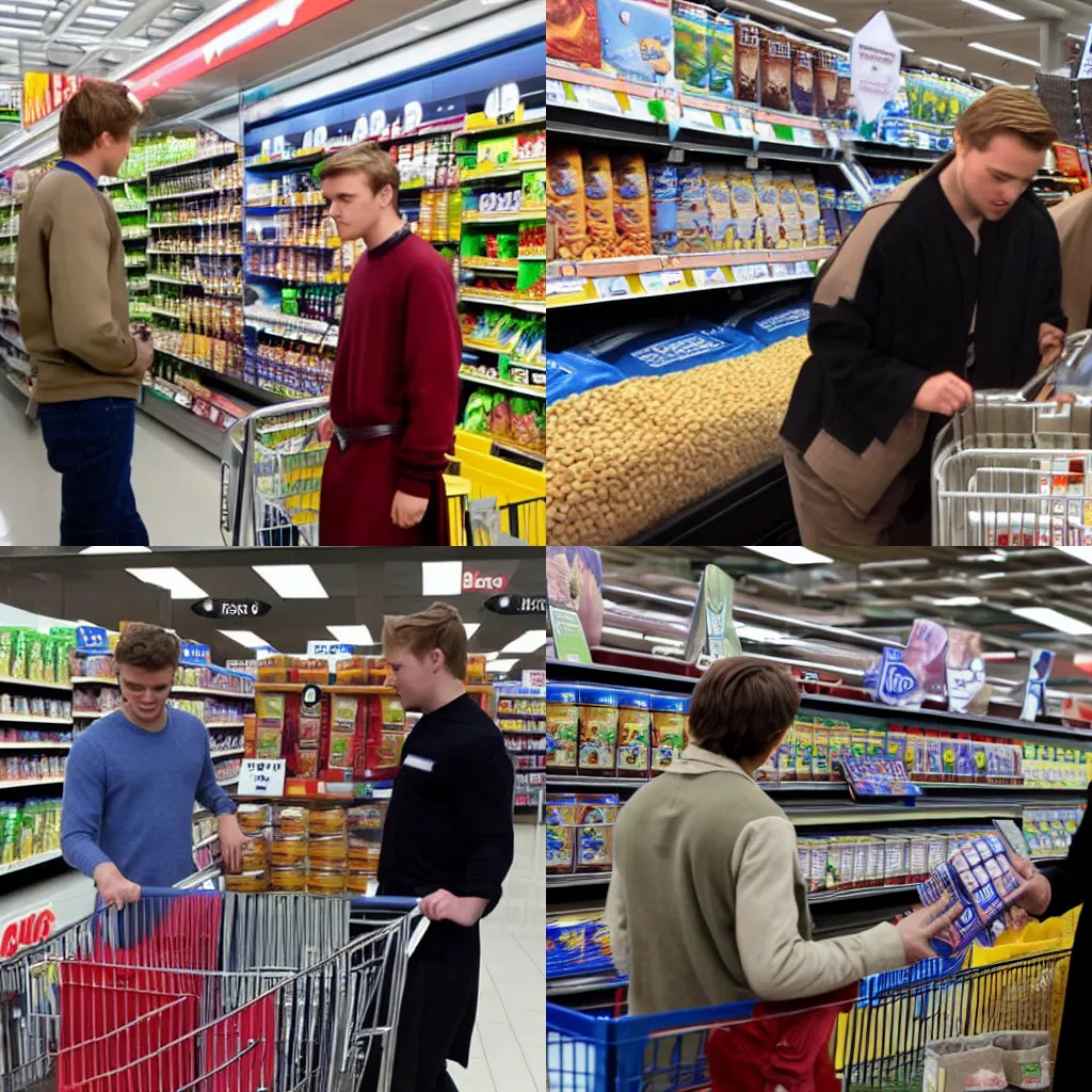 Prompt: anakin and obi-wan shopping for beans at Tesco