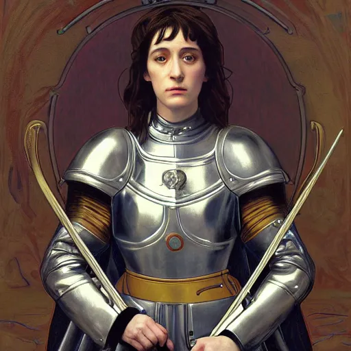 Image similar to portrait of charlotte gainsbourg as joan of arc in armor, hyperreal digital painting, iconography influenced by alphonse mucha and eugene delacroix, arstation and deviantart trends, high resolution 8 k