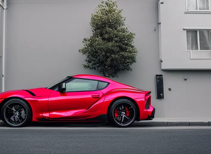 Image similar to Cannon photo of red Toyota supra made in 2022 front sideview parked on street