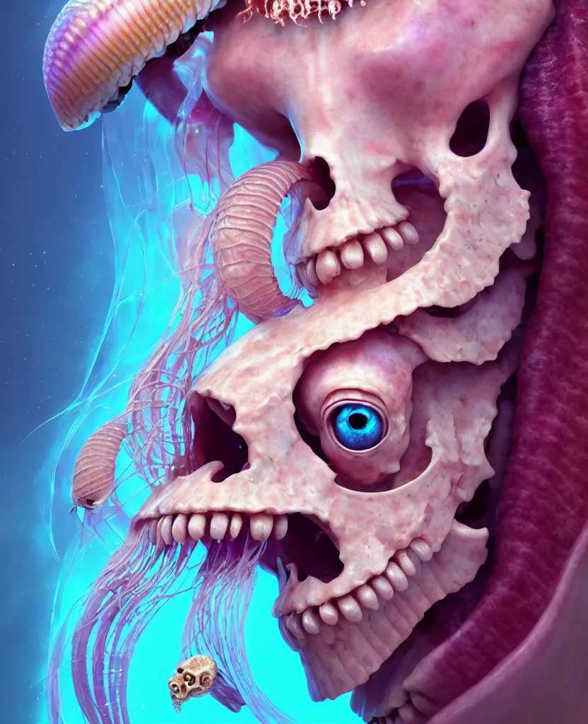 Image similar to goddess princess face close-up portrait ram skull. jellyfish phoenix head, nautilus, orchid, skull, betta fish, bioluminiscent creatures, intricate artwork by Tooth Wu and wlop and beeple. octane render, trending on artstation, greg rutkowski very coherent symmetrical artwork. cinematic, hyper realism, high detail, octane render, 8k