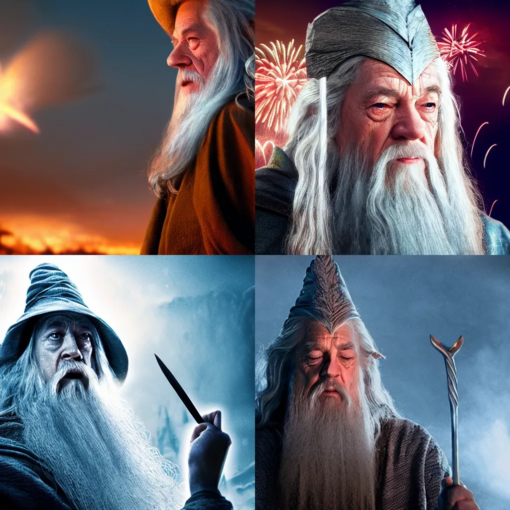 Prompt: gandalf from the lord of the rings watching fireworks, cinematic, realistic, 4k, epic lighting