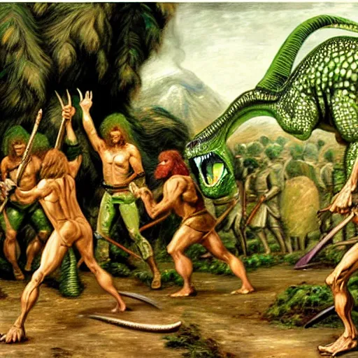 Prompt: A green scaly dinosaur!!! fighting with several realistic detailed cavemen with proportioned bodies, the cavemen are armed with spears, the caveman are in a fighting stance, the cavemen are wearing animal furs, coarse canvas, visible brushstrokes, intricate, extremely detailed painting by John Constable