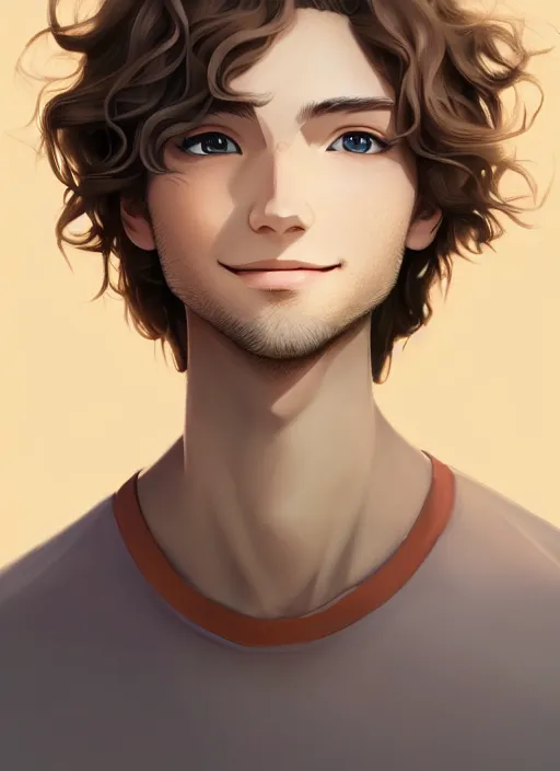 Image similar to young man with medium - length, curly, golden hair, perfectly proportioned face, aquamarine eyes, sweet smile, natural lighting, path traced, highly detailed, high quality, cartoon, digital painting, by new haicheng and studio ghibli