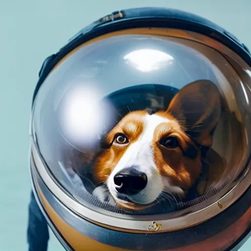 Image similar to a corgi in a space helmet floating in outer space