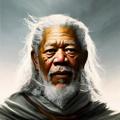 Image similar to morgan freeman starring as gandalf in lord of the rings, made by stanley artgerm lau, wlop, rossdraws, artstation, cgsociety, concept art, cgsociety, octane render, trending on artstation, artstationhd, artstationhq, unreal engine, 4 k, 8 k