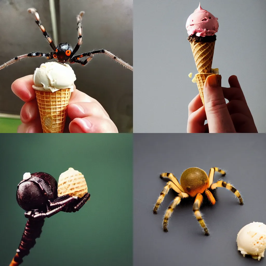Prompt: a cute spider holding an ice cream cone the spider is eating the ice cream cone, A cute spider