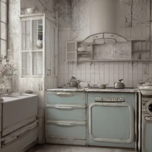Prompt: a detalied 3 d render of a shabby chic kitchen, by valentin franke, ilya galinsky trending of artstation, photorealism