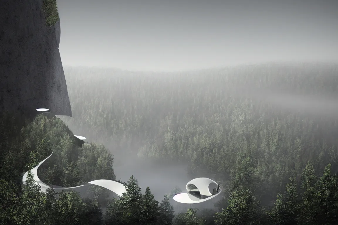 Prompt: A beautiful matte drawing of a ellipse-shaped building with rounded windows, standing on a large cliff near a coniferous forest. A thin stone bridge goes over the cliff. View from afar, fog, 8k, 16k, architectue, Alvaro Siza, herzog de meuron, architecture photo, high details, futuristic