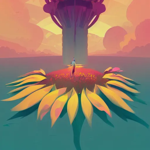 Prompt: beautiful digital sunflower in stunning pink sea, VERY LIGHT purple and blue scheme, isometric, by Anton Fadeev and Simon Stalenhag, trending on artstation, low contrast, high intensity