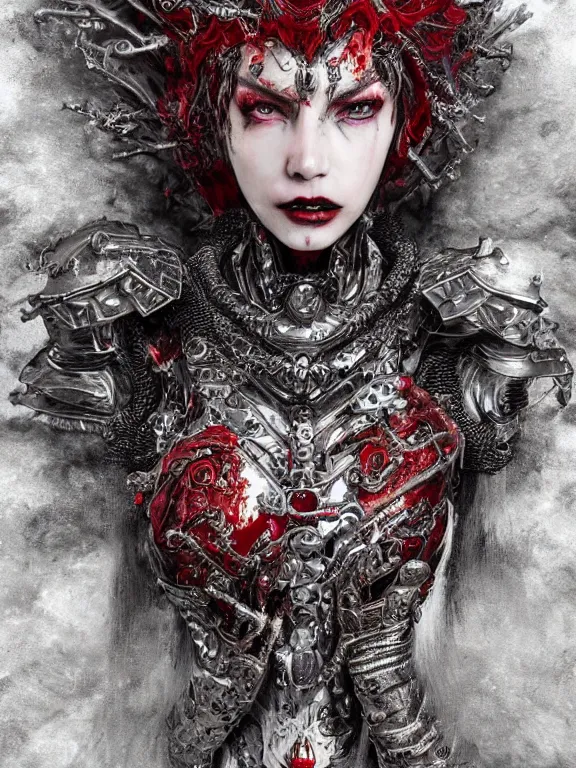 Image similar to portrait art of 8k ultra realistic vampire queen,intricate red crown, detailed intricate ornate armour,decaying, cybernetic, full of colour, cinematic lighting, battered, trending on artstation, 4k, hyperrealistic, focused, extreme details,unreal engine 5, cinematic, masterpiece, art by ayami kojima, giger