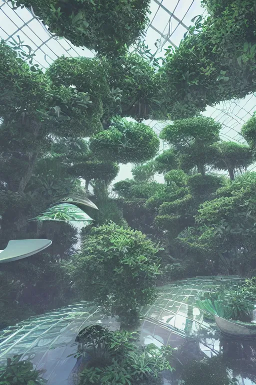 Image similar to multi level botanical garden spaceship floating in space, calm, tranquil, faded effect, detailed, vaporwave colors, render by substance designer