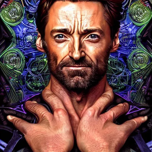 Image similar to portrait of hugh jackman, hyper detailed masterpiece, neon floral pattern, jean giraud, digital art painting, darkwave goth aesthetic, psychedelic, artgerm, donato giancola and tom bagshaw