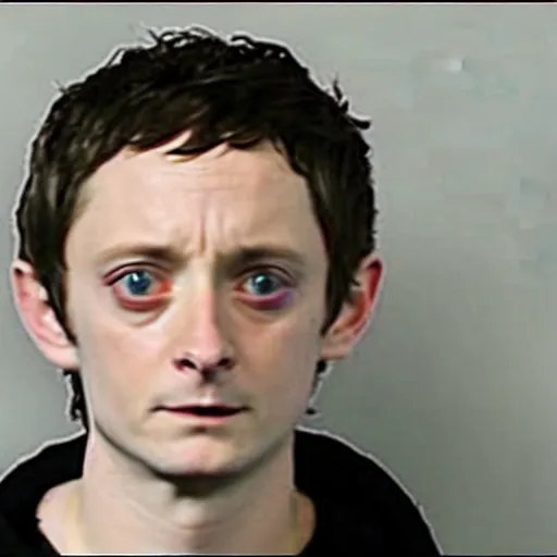 Image similar to Elijah Wood as Frodo Baggins, mugshot photograph