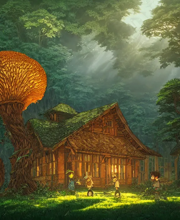 Image similar to a large schoolhouse made from leaves, overgrown with huge exotic fungus, deep in the woods, noon, sun drenched, partly cloudy, by dan mumford, yusuke murata, makoto shinkai, ross tran, cinematic, unreal engine, cel shaded, featured on artstation, pixiv