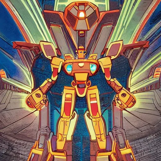 Prompt: mecha robot inside a Greek temple in style of Patrick Gleason and Marvel Comics, soft, glow