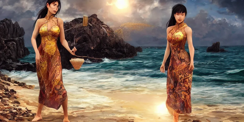 Image similar to ! dream photorealistic long shot of a dark mystical goddess wearing a qipao dress, big sun rough sea and jagged rocks, nets, plastic bottles, garbage, sand and sea, golden hour, ao dai, environmental, fantasy, atmospheric, hyper realistic, artstation, art by artgerm, andres rodriguez and john william waterhouse