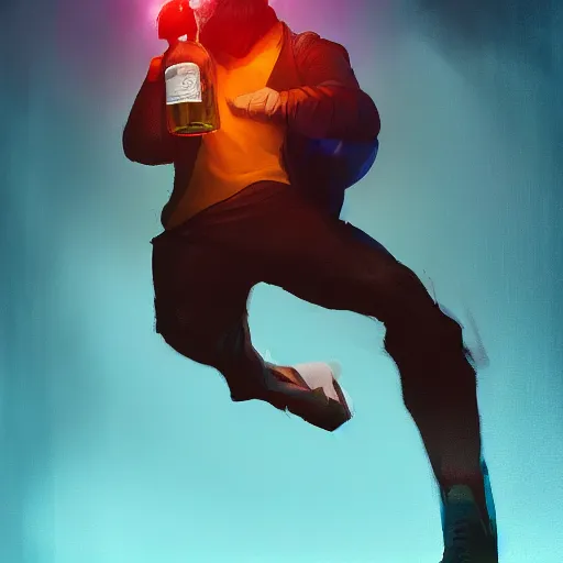 Image similar to artistic rendition of a man jumping in the while holding a bottle, dramatic lighting, studio, maximalist, trending on Artstation by Ross Tran