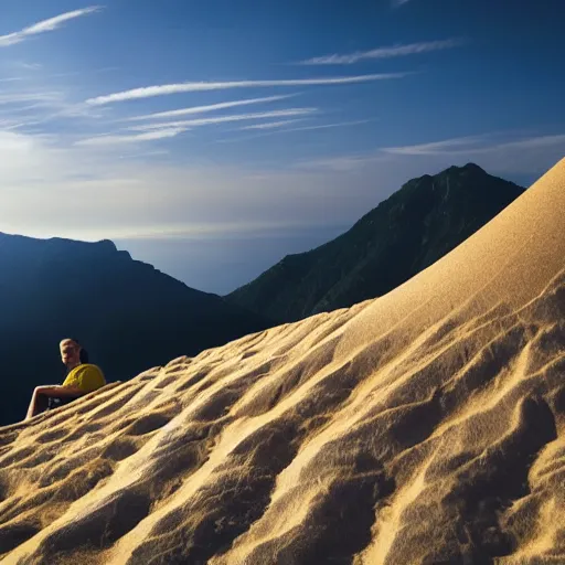 Image similar to man sitting on top peak mountain cliff looking at huge sand tornado