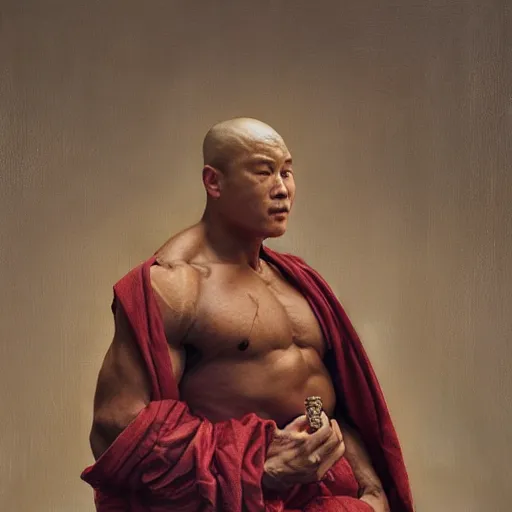 Image similar to bodybuilder turtle wearing a monk robes holding incense burner. natural lighting by ruan jia, portrait