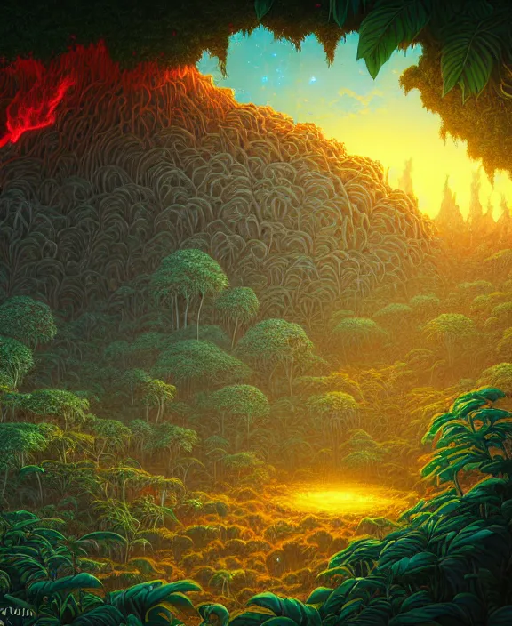 Image similar to simplicity, a schoolhouse made out of exotic fungus, overgrown with lush floral jungle, milky way, hellscape, hell, fire, brimstone, lava, biological, by dan mumford, yusuke murata, makoto shinkai, ross tran, cinematic, unreal engine, cel shaded, featured on artstation, pixiv