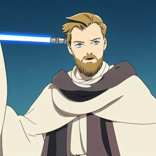 Image similar to Obi-Wan Kenobi as an anime character from Studio Ghibli. Extremely detailed. Beautiful. 4K.